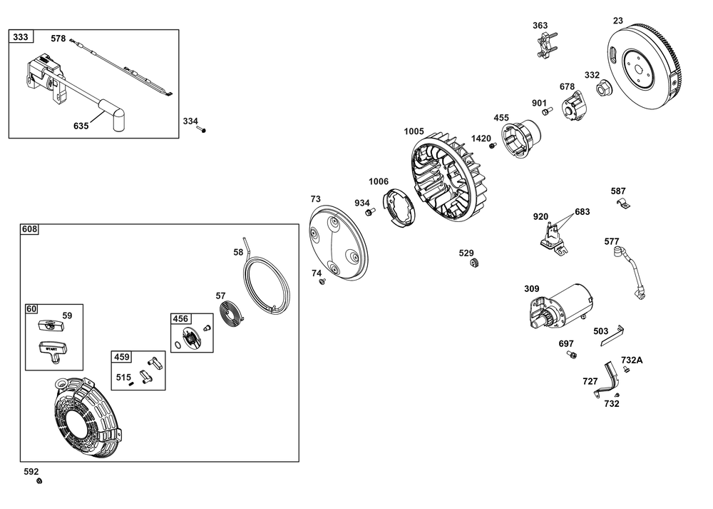 Flywheel, Ignition, And Starter Group Diagram and Parts List for 385447-0111-B5 200000 - 399999 Briggs and Stratton Engine